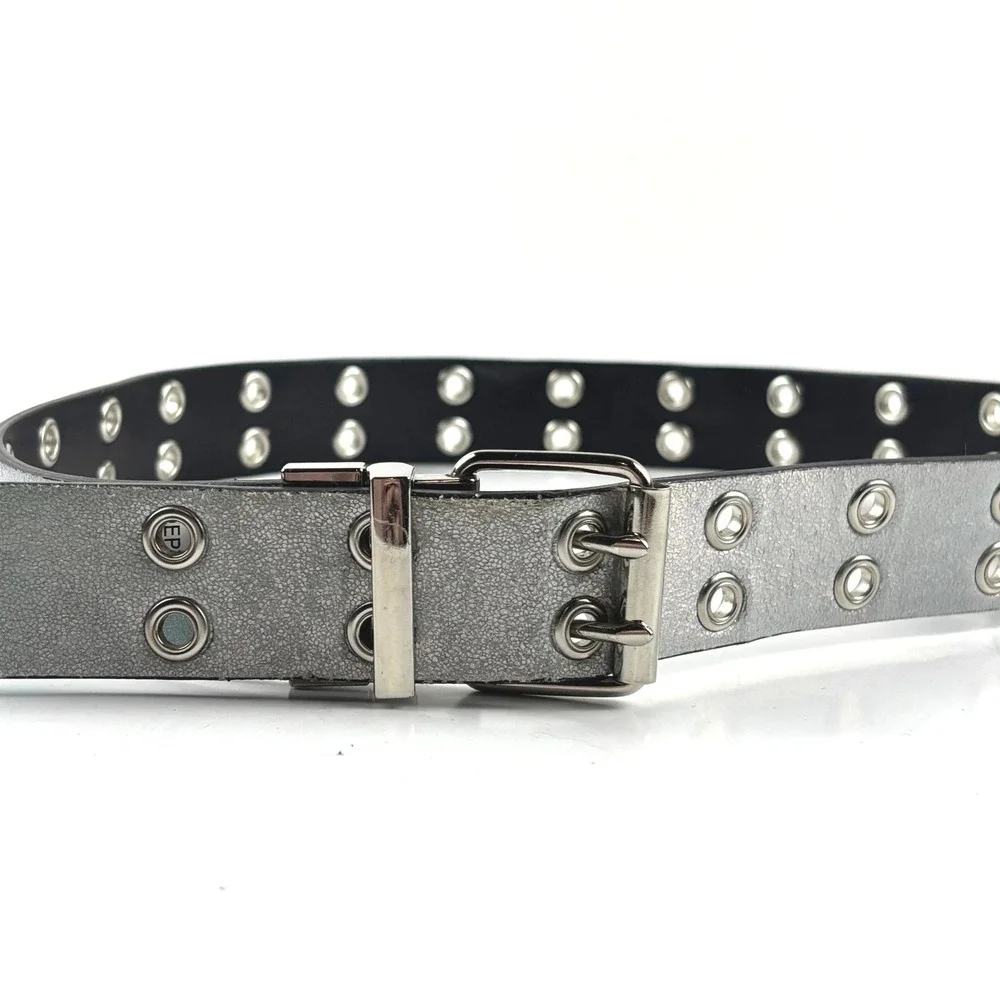 Reversible Holographic Silver Grommet Belt Unisex Large Black 2-Row Y2k Grunge